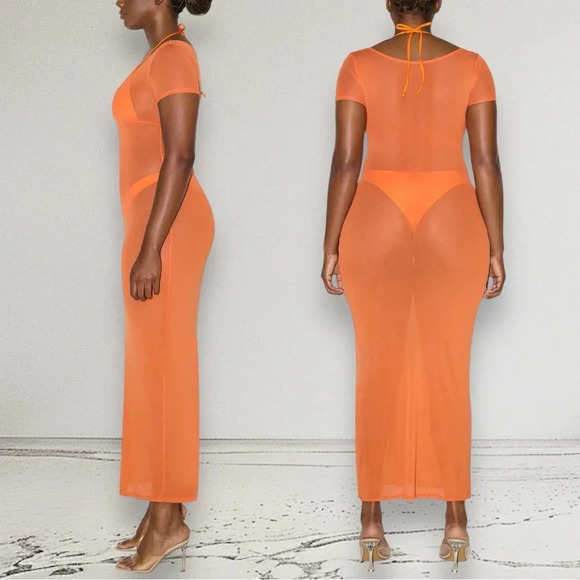 RARE NWT KHY BY KYLIE JENNER Mesh Scoop Neck Maxi Dress Orange Size S - Picture 8 of 10